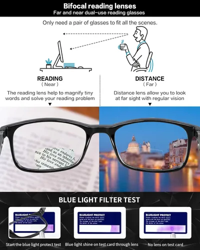 Vista 5 de Gafas de lectura bifocales para hombres y mujeres, luz azul, lectores de computadora, marco ancho, progresivos, transparentes, de diseñador de moda