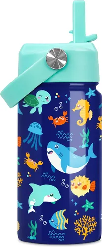Vista 18 de Botella de agua de sirena para niñas, botella de agua para niños con tapa con popote, botellas de agua aisladas de acero inoxidable de 12 onzas