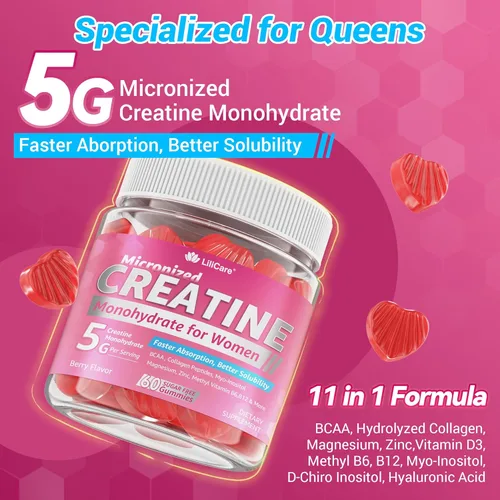 Vista 3 de Gomitas de creatina para mujeres, monohidrato de creatina micronizada + mio-inositol, péptidos de colágeno, BCAAs, ácido hialurónico, vitamina B6