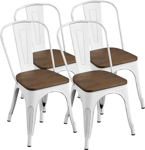 Vista 39 de Yaheetech Juego de 4 sillas de comedor de metal, sillas de cocina apilables industriales con asiento superior de madera para comedor, restaurante
