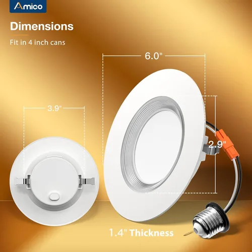 Vista 6 de Amico Paquete de 12 luces LED empotrables 5CCT de 4 pulgadas con luz nocturna, 8 W = 60 W, 700 lm luces de lata con borde deflector, regulable