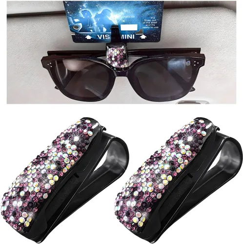 Vista 12 de Dickno 2 piezas de soporte para lentes de sol con pedrería para visera de coche, soporte para lentes de sol con strass con clip para tarjetas