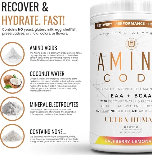 Vista 4 de Ultra Human Amino Code Aminoácidos esenciales + BCAA + electrolitos de agua de coco Bebida energética de aminoácidos de recuperación