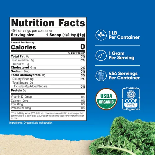 Vista 2 de Nutricost Polvo de col rizada orgánica de 1 libra, totalmente natural, sin OMG, sin gluten, certificado USDA Organic Kale