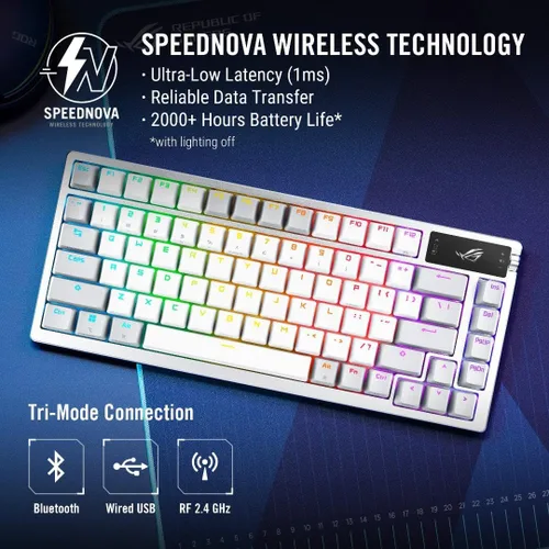 Vista 11 de ASUS Teclado mecánico inalámbrico ROG Azoth para juegos, 75% TKL, conectividad trimodo, interruptores lineales ROG NX Snow prelubricados Blanco