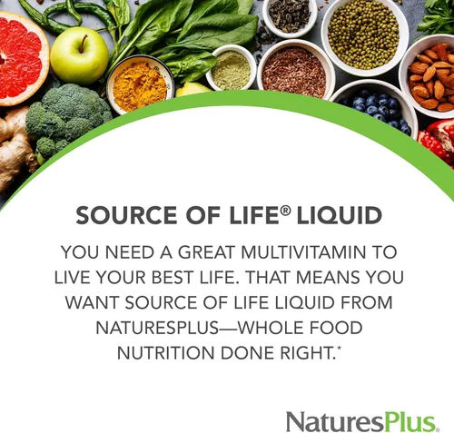 Vista 3 de Natures Plus Source of Life Líquido, fruta tropical, 8 onzas líquidas, suplemento multivitamínico y mineral, sin gluten, vegetariano, 8 porciones