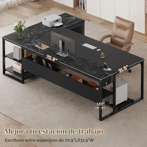 Vista 4 de UPOSOJA Escritorio ejecutivo en forma de L de 71 pulgadas, escritorio de Negro