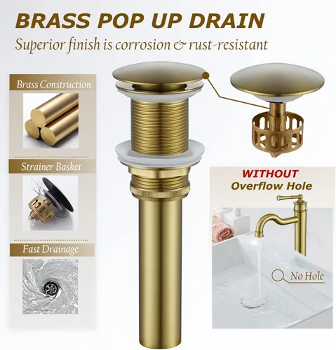 Vista 6 de Grifo de lavabo con montaje en cubierta de oro cepillado, grifo de baño alto, orificio único, con tapón de drenaje automático, sin desbordamiento