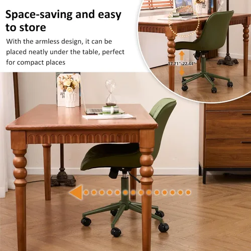 Vista 6 de YOUNIKE Silla de escritorio de oficina en casa con ruedas, silla de tocador sin brazos con respaldo, cómoda y moderna silla tapizada de cuero