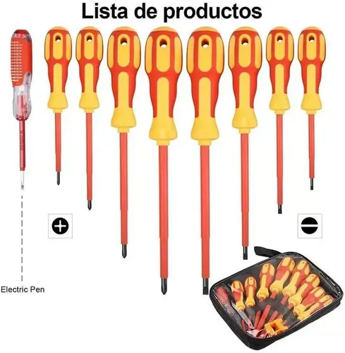 Vista 3 de Juego de destornilladores aislados de 10 piezas, destornilladores magnéticos Phillips ranurados con bolígrafo probador de voltaje y magnetizador