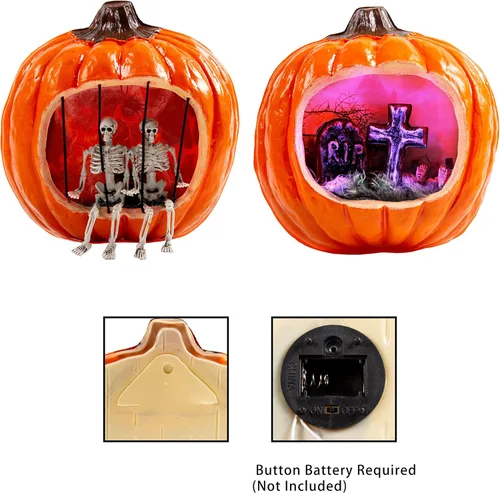 Vista 5 de Joyin 2 luces de calabaza de Halloween, luz nocturna, decoración de pared con calavera y lápida interior para interiores, pared, decoración de mesa
