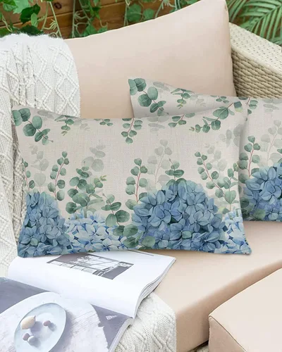 Vista 6 de Juego de 2 fundas de almohada impermeables, diseño de hojas de eucalipto de hortensias azules, decoración retro de verano para casa de campo, funda