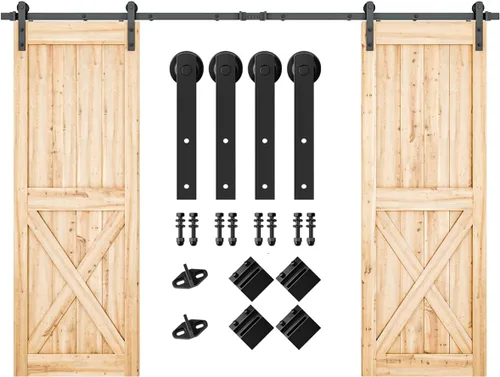 Vista 16 de SMARTSTANDARD Kit de herrajes para puerta corrediza de granero de doble puerta resistente de 5 pies, suave y silencioso, fácil de instalar, incluye