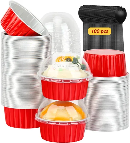 Vista 9 de Moldes para Cupcakes con Tapas de Cúpula Paquete de 100, LNYZQUS Mini Moldes de Aluminio de 5oz para Hornear Tazas para Muffins, Ramekins Azul Cian