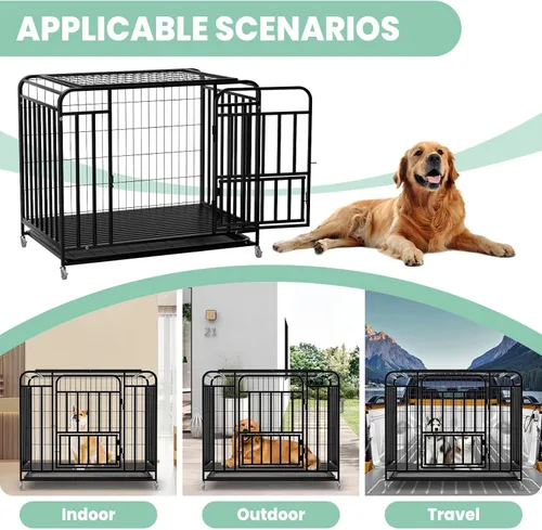 Vista 4 de Jaula resistente de 42 pulgadas con ruedas, perrera de acero indestructible con doble puerta, diseño a prueba de fugas para perros grandes, para uso