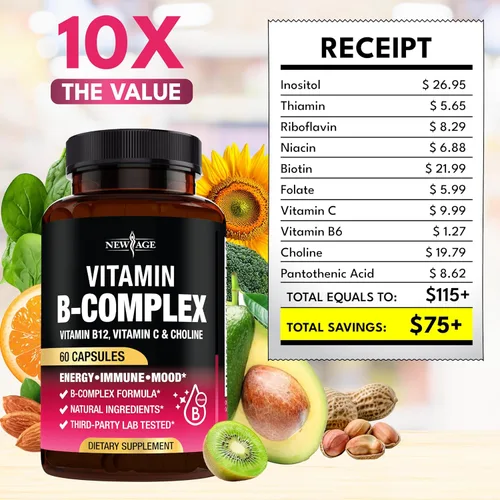 Vista 5 de Complejo de vitamina B para hombres y mujeres - Hecho en Estados Unidos - Complejo B: B1, B2, B3, B5, B6, B7, B8, B9, B12 con vitamina C, colina