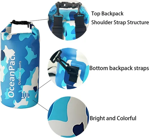 Vista 7 de Bolsa seca impermeable de 5L/10L/20L para hombres, material de PVC, diseño de camuflaje, correas de hombro simples/dobles para kayak, natación