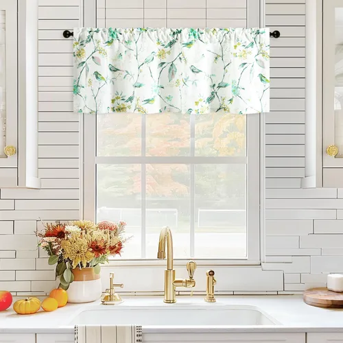 Vista 40 de VOGOL Cenefa de pájaro y bayas, decoración clásica de ventana de campo americano con estampado botánico, cortina de bolsillo para barra fácil