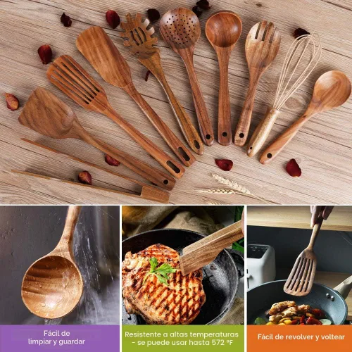 Vista 3 de Juego de utensilios de cocina con soporte, utensilios de cocina de madera para cocinar, cucharas de madera de teca natural para cocinar, juego