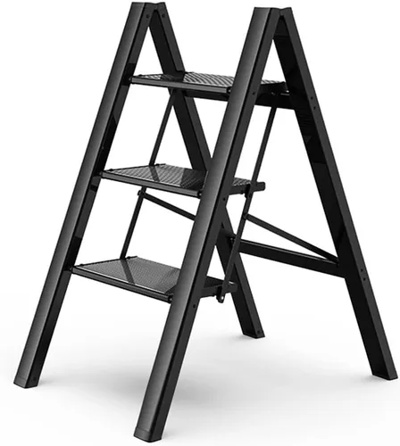 Vista 18 de GameGem Escalera de 2 escalones, taburete plegable de aluminio de 2 escalones con pedal antideslizante resistente y ancho, escalera portátil ligera
