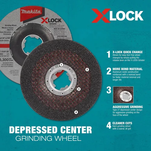 Vista 4 de Makita E-00424 X-Lock 4-1/2" x 1/4" x 7/8" Tipo 27 Propósito general 36 Grit Metal abrasivo muela abrasiva