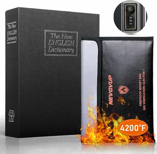 Caja fuerte de libro de diversión con bolsa de dinero ignífuga de 4200°F y cerradura de combinación, 10.5" x 7.9" x 2.5" caja fuerte de libro falso
