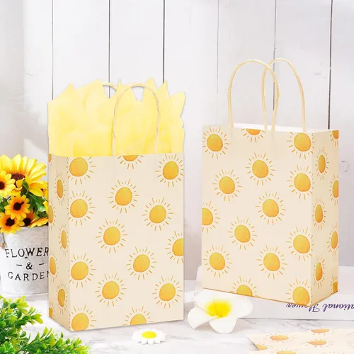 Vista 5 de Whaline Bolsa de regalo de fiesta de sol bohemio con 20 piezas de papel de seda amarillo para primer viaje alrededor del sol, bolsa de dulces