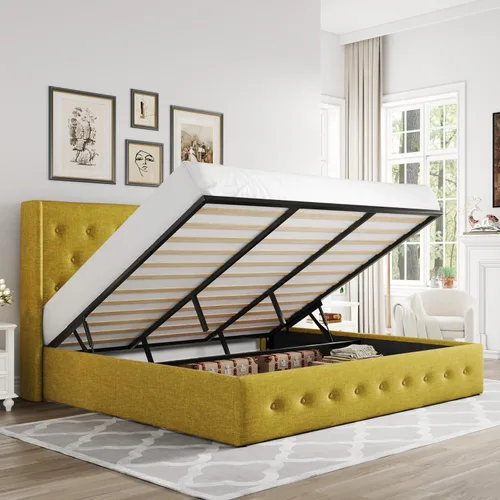 Vista 30 de Allewie Cama de almacenamiento elevable tamaño Queen, cabecera moderna con respaldo alado, soporte hidráulico, no necesita somier, gris claro