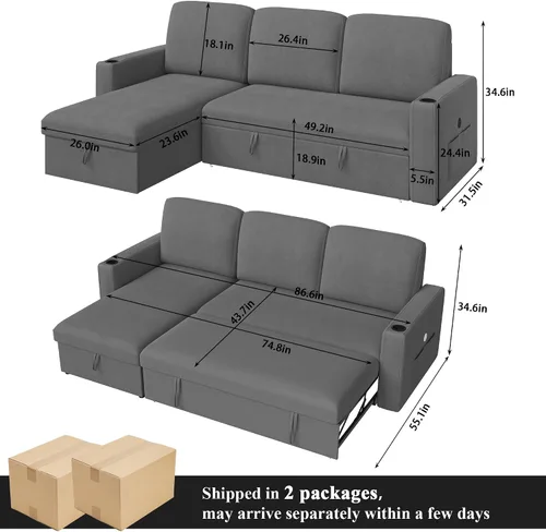 Vista 2 de Keyluv Sofá cama extraíble de 87 pulgadas con diván de almacenamiento, sofá cama modular reversible 2 en 1 con estación de carga y soporte