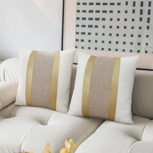 Vista 5 de Juego de 2 fundas de almohada de piel sintética y algodón de 18 x 18 pulgadas, fundas de almohada decorativas en blanco y negro con retazos de rayas