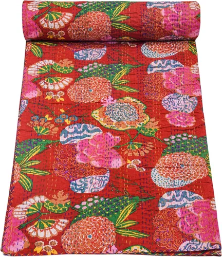 Vista 24 de Marubhumi Colchas indias hechas a mano, edredones de algodón puro reversible, edredón vintage Kantha, edredón, estampado de frutas, rosa bebé