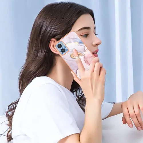 Vista 5 de Funda delgada para Motorola E22, diseño de mármol duro IMD con anillo brillante con función de protección de lente de cámara y pantalla para Moto