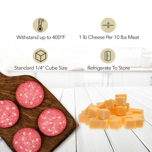 Vista 3 de The Sausage Maker® Queso cheddar de alta temperatura 5 libras de queso de alta temperatura para hacer salchichas, cubo cortado en cubitos de 1/4