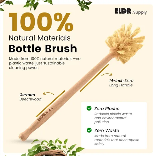 Vista 3 de Bottle Brush, 14in Extra Long German Beechwood Handle, Strong Hemp Bristles, Zero Waste, Cleans and Scrubs Hard to Reach Wide Mouth Jars, Glasses
