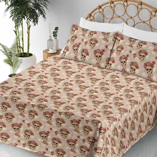 Vista 3 de Ambesonne Skull Sheet Set, Goth Roses Floral Skeleton Head Day of The Dead Ethnic Mexican Inspired, Fitted and Flat Sheet with Pillowcases Bedding