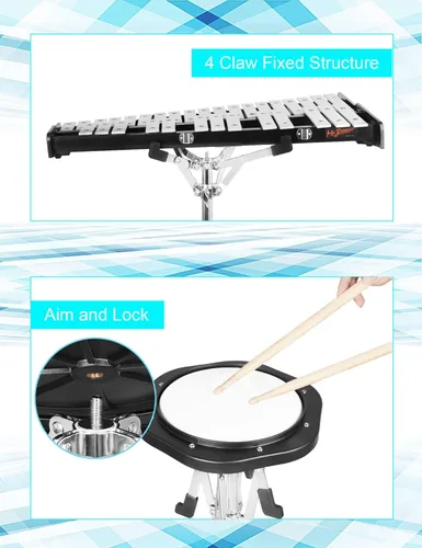Vista 5 de Mr.Power Kit de campana Glockenspiel de 32 notas con almohadilla de práctica de 8 pulgadas, soporte de altura ajustable, clip de partitura musical