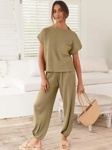 Vista 7 de ANRABESS - Conjunto de dos piezas para mujer, suéter de punto con chaleco, top corto y pantalones de ocio, conjunto de sudadera deportiva a juego