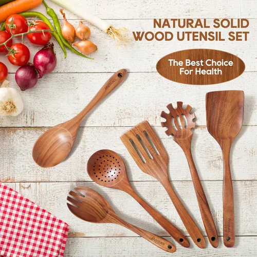 Vista 7 de Cucharas de madera para cocinar, juego de utensilios de cocina de madera de teca con ganchos, acabado liso, antiadherente, agarre cómodo, utensilios
