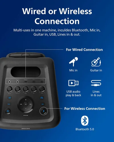 Vista 7 de Altavoz de fiesta Bluetooth Philips X5206, portátil con ruedas, emocionante show de luces, máquina de karaoke con micrófono y entrada para guitarra
