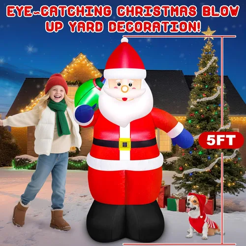 Vista 2 de Danxilu Decoración inflable de Papá Noel inflable de 5 pies para exteriores, Papá Noel inflable con bolsa de regalo, decoración iluminada LED