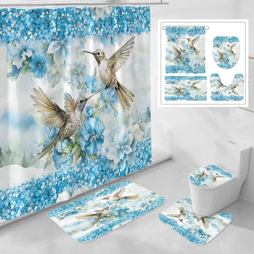 Litabel Juego de 4 cortinas de ducha de flores de colibrí azul con alfombras, decoración de baño floral rústica (ganchos no incluidos)