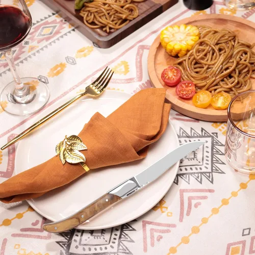 Vista 9 de LUVCOSY Juego de cuchillos para carne estilo Laguiole de 6, juego de cuchillos para carne sin dientes con mango de madera de olivo, cuchillos