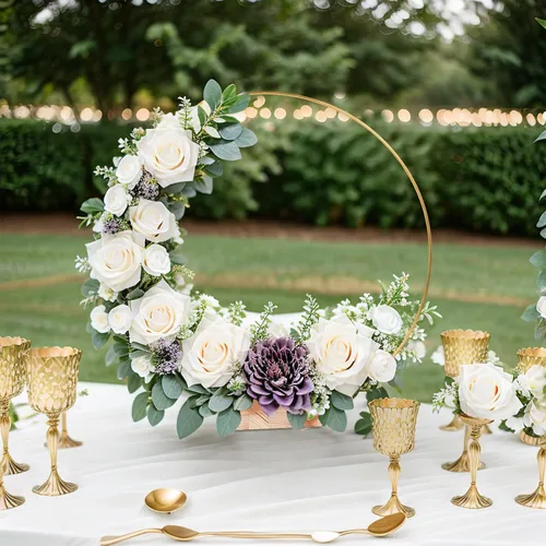 Vista 7 de OurWarm 12 centros de mesa de aro floral de 12 pulgadas con soporte para mesa, piezas centrales de metal con base de madera, centros de mesa dorados