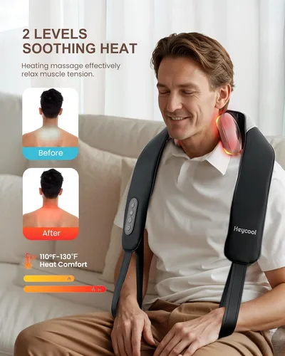 Vista 4 de Heycool Masajeador de cuello inalámbrico con calor, masajeador de amasado profundo de cuello y hombros para el dolor, almohada masajeadora