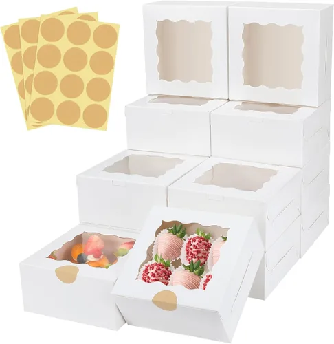 Vista 9 de 60 cajas de panadería con ventana, 6 x 6 x 3 pulgadas, cajas de galletas Kraft para pastelería (marrón)