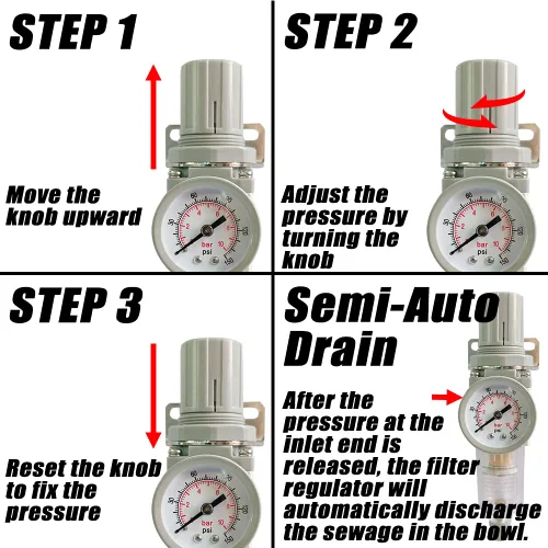 Vista 4 de Regulador de presión de filtro de aire NPT de 1/2 "Separador de agua combinado para línea de compresor de aire, drenaje semiautomático, elemento