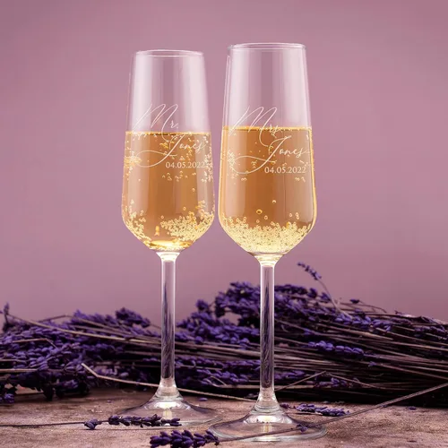 Vista 6 de GIFTBYGIFTY Copas de champán personalizadas para bodas para novia y novio - Juego de 2, 7 oz, 2 diseños - Copas de champán Mr and Mrs