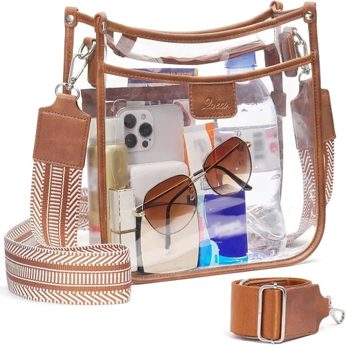 Vista 12 de Bolsa transparente grande de 3 bolsillos para eventos de estadio con 2 correas largas para mujer, bolsa cruzada para conciertos, aprobado