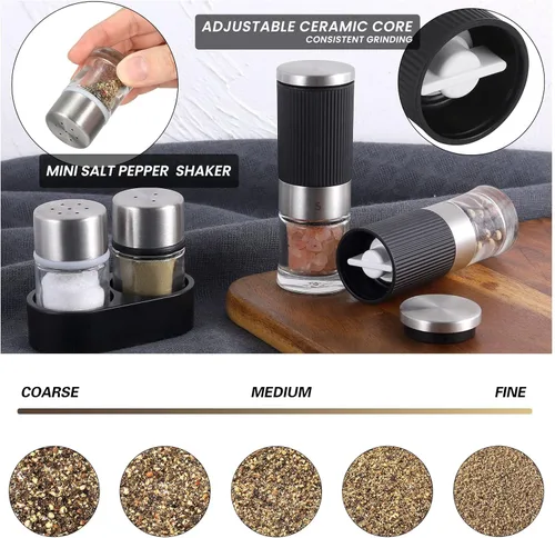 Vista 5 de VEVOK CHEF Mini molinillo de sal y pimienta con 2 pequeños saleros y pimenteros, portátil, bonito, molinillo de especias pequeño, molinillo de sal
