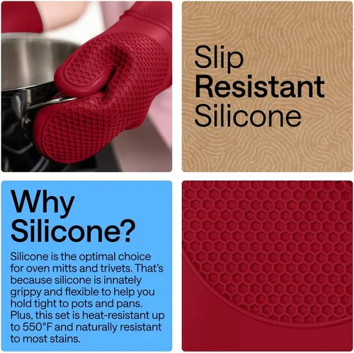 Vista 3 de GORILLA GRIP Juego de 4 manoplas de horno de silicona suave sin BPA y soportes para ollas, resistentes al calor, forro de algodón grueso, agarre